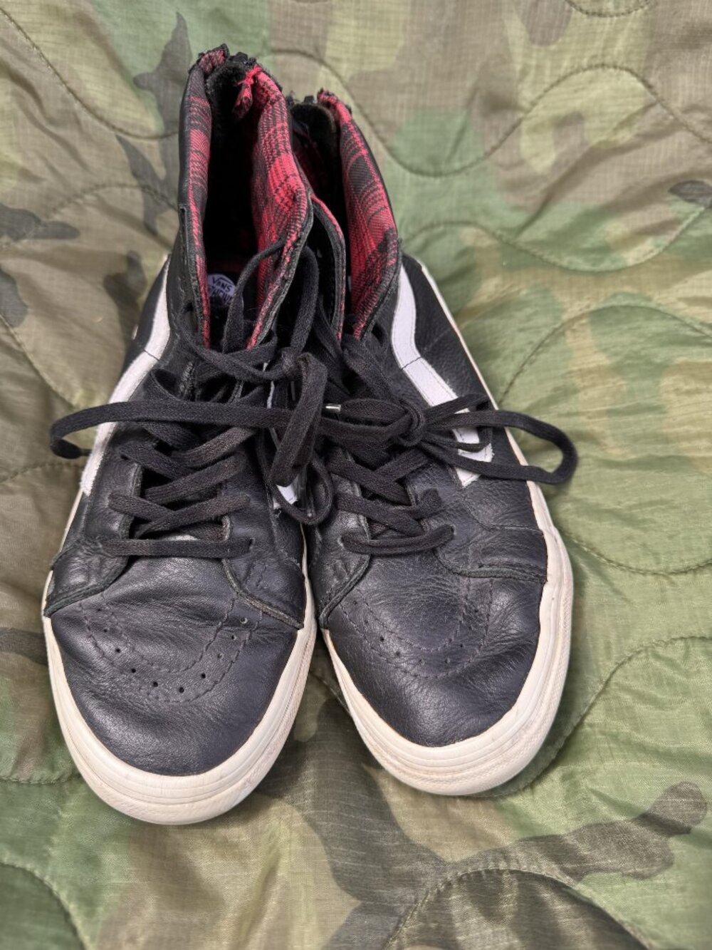 Vans Sk8-Hi Black Leather Red Plaid Sneakers